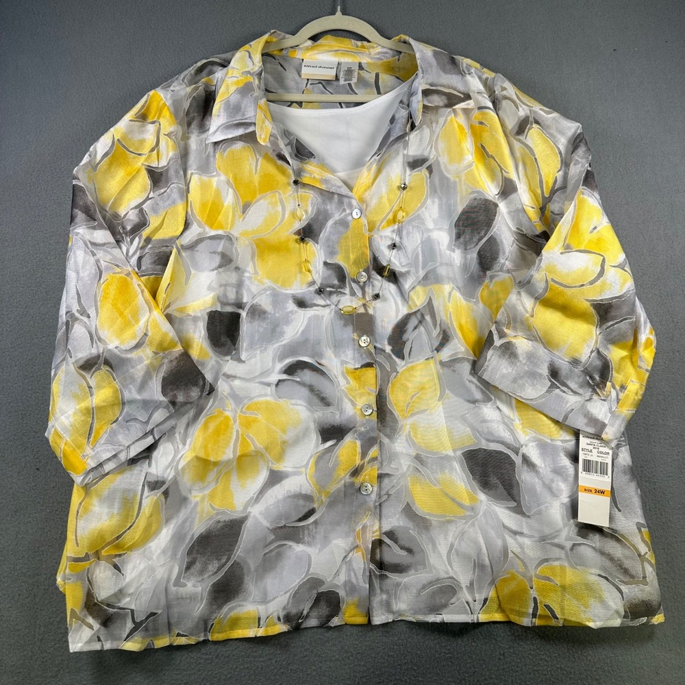 Alfred Dunner Santa Clara Yellow Floral Burnout Top 2-in-1 Necklace 24W NEW